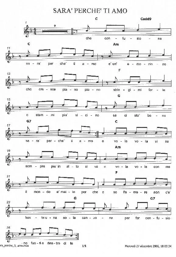 télécharger la partition d'accordéon Sarà perché ti amo (Chant : Ricchi e Poveri) (Relevé) au format PDF