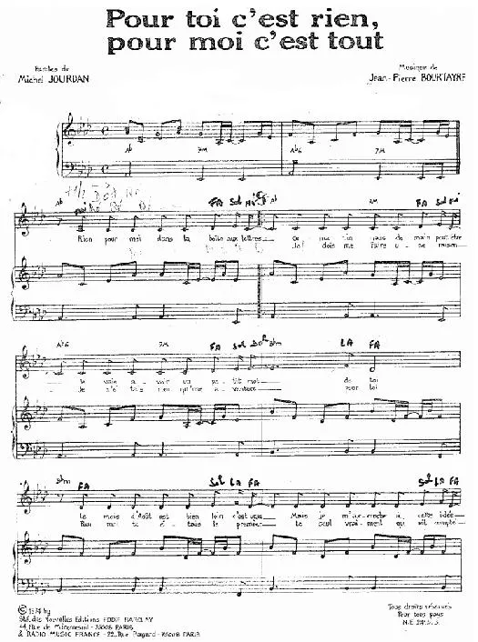 télécharger la partition d'accordéon Pour toi c'est rien Pour moi c'est tout (Chant : Patricia Lavila) (Slow) au format PDF