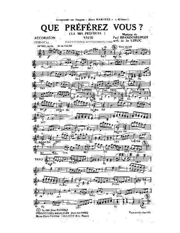 télécharger la partition d'accordéon Que préférez-vous ? (La mia préférita) (Arrangement : Jo Leroc) (Valse) au format PDF