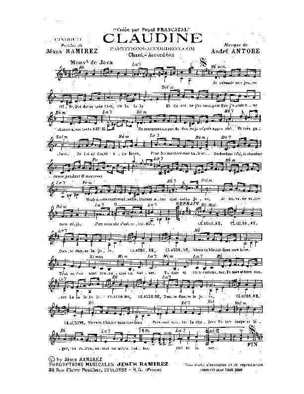 télécharger la partition d'accordéon Claudine (Créée par Popol Francazal) (Java) au format PDF