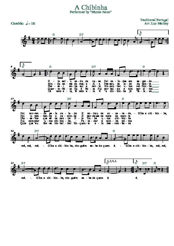 télécharger la partition d'accordéon A Chibinha (Arrangement : Luc Markey) (Interprètes : Mundo Novo) (Cumbia) au format PDF