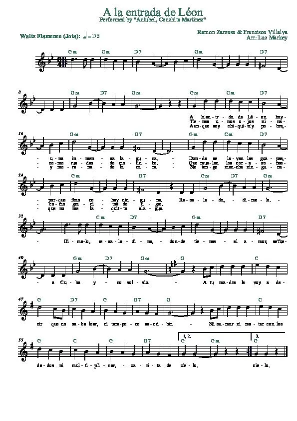 télécharger la partition d'accordéon A la entrada de Léon (Arrangement : Luc Markey) (Interprètes : Antubel / Conchita Martinez) (Valse Flamenco) au format PDF