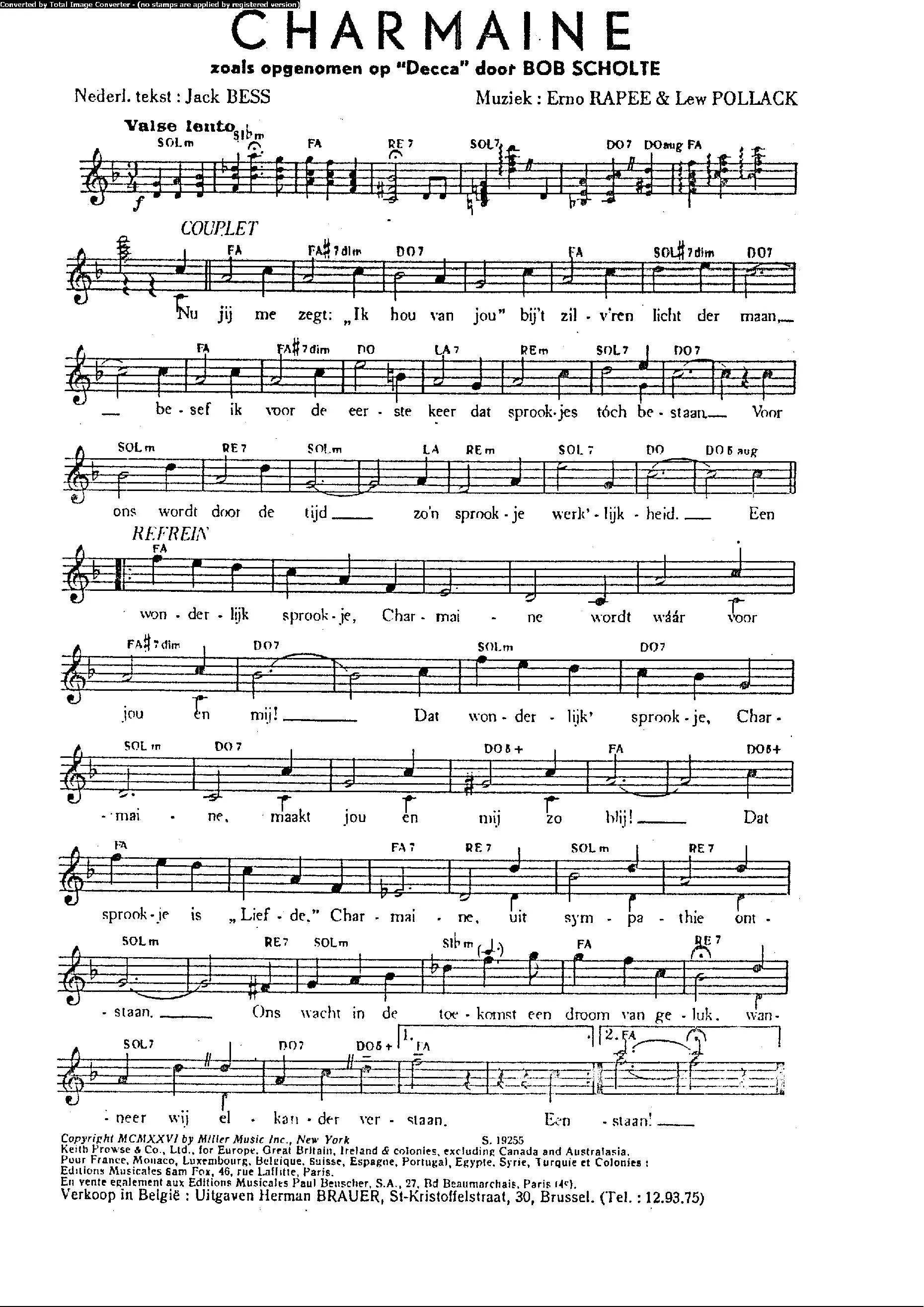 télécharger la partition d'accordéon Charmaine (Chant : Bob Scholte) (Valse Lente) au format PDF