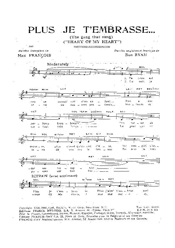 télécharger la partition d'accordéon Plus je t'embrasse (The gang that sang) (Heart of my heart) au format PDF