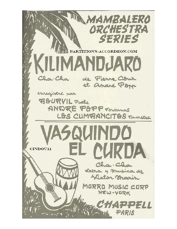 télécharger la partition d'accordéon Kilimandjaro (Chant : Bourvil) (Orchestration Complète) (Cha Cha) au format PDF