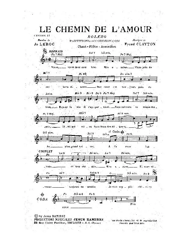 télécharger la partition d'accordéon Le chemin de l'amour (Boléro) au format PDF