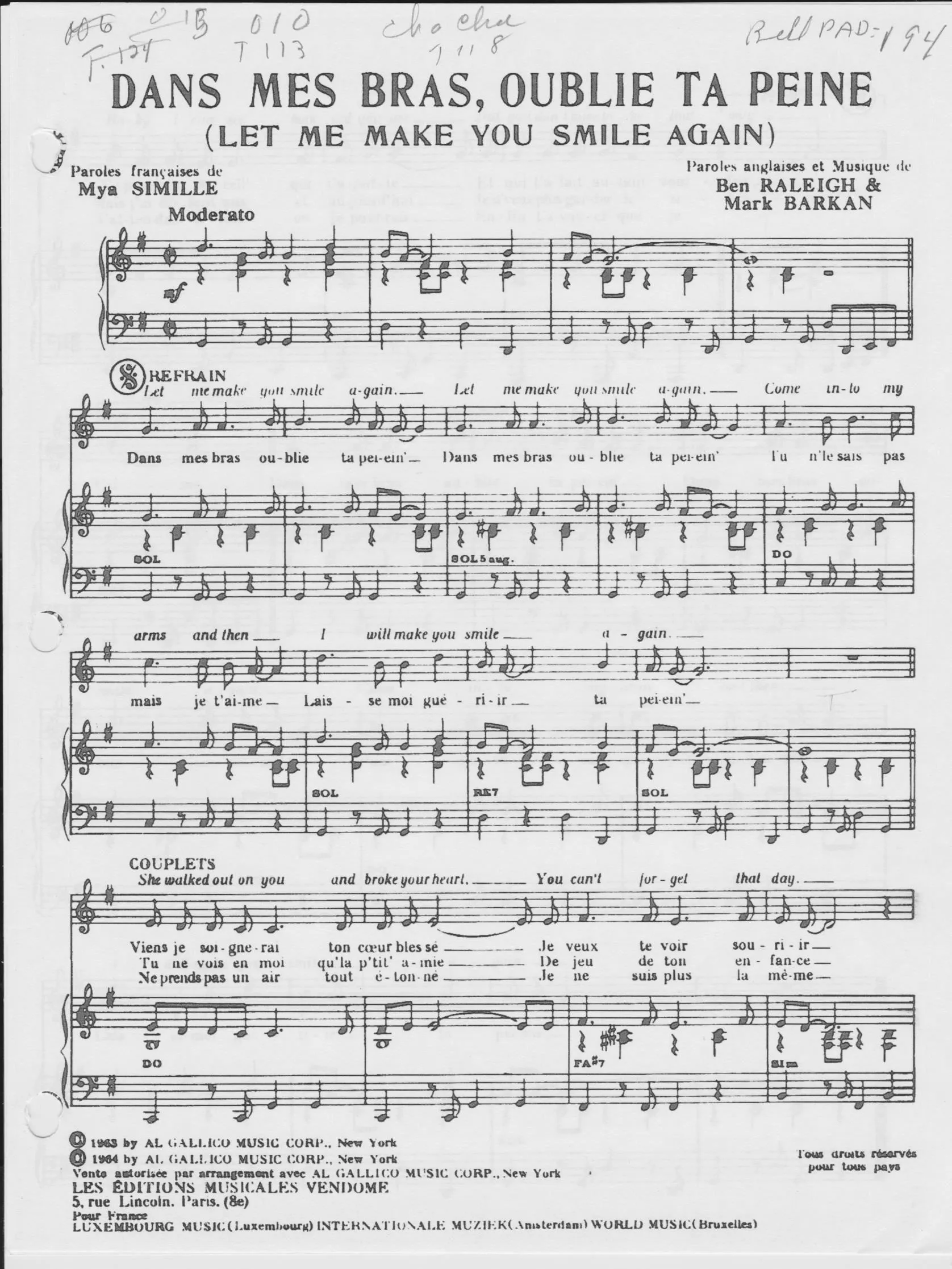 télécharger la partition d'accordéon Dans mes bras oublie ta peine (Let me make you smile again) (Chant : Michèle Torr) au format PDF