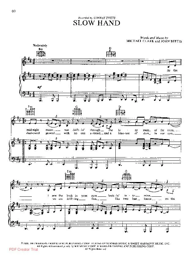 télécharger la partition d'accordéon Slow hand (Chant : Conway Twitty) au format PDF