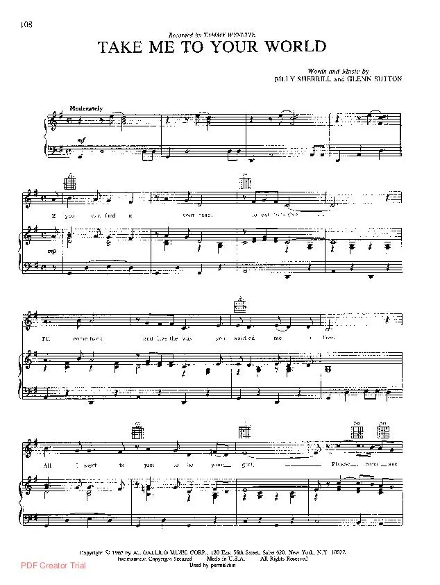 télécharger la partition d'accordéon Take me to your world (Chant : Tommy Wynette) au format PDF