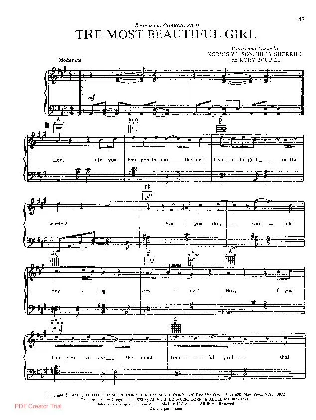 télécharger la partition d'accordéon The most beautiful girl (Chant : Charlie Rich) au format PDF