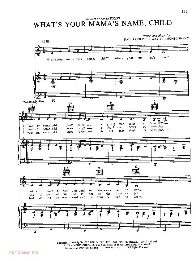 télécharger la partition d'accordéon What's your Mama's name child (Chant : Tanya Tucker) au format PDF