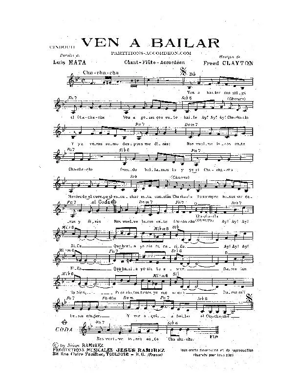 télécharger la partition d'accordéon Ven a bailar (Cha Cha Cha) au format PDF