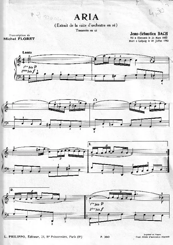 télécharger la partition d'accordéon Aria (Transcription : Michel Floret) au format PDF