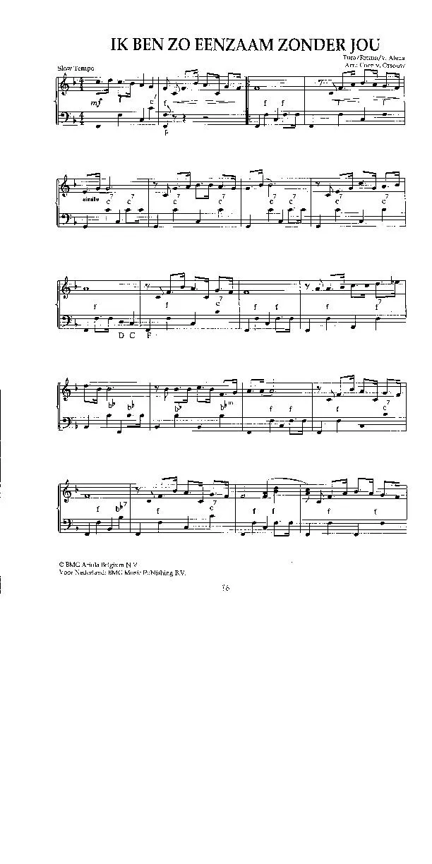télécharger la partition d'accordéon Ik ben zo eenzaam zonder jou (Arrangement : Coen van Orsouw) (slow) au format PDF