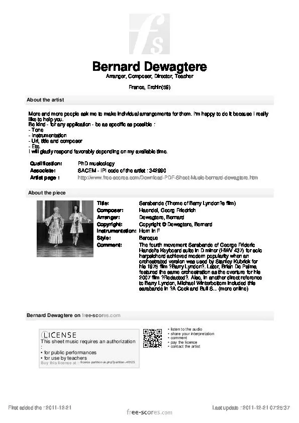 télécharger la partition d'accordéon Sarabande (variation pour cor en fa) (Transcription : Bernard Dewagtere) au format PDF