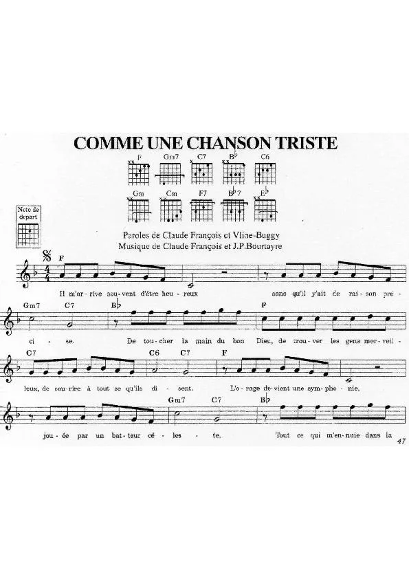 télécharger la partition d'accordéon Comme une chanson triste (Pop) au format PDF