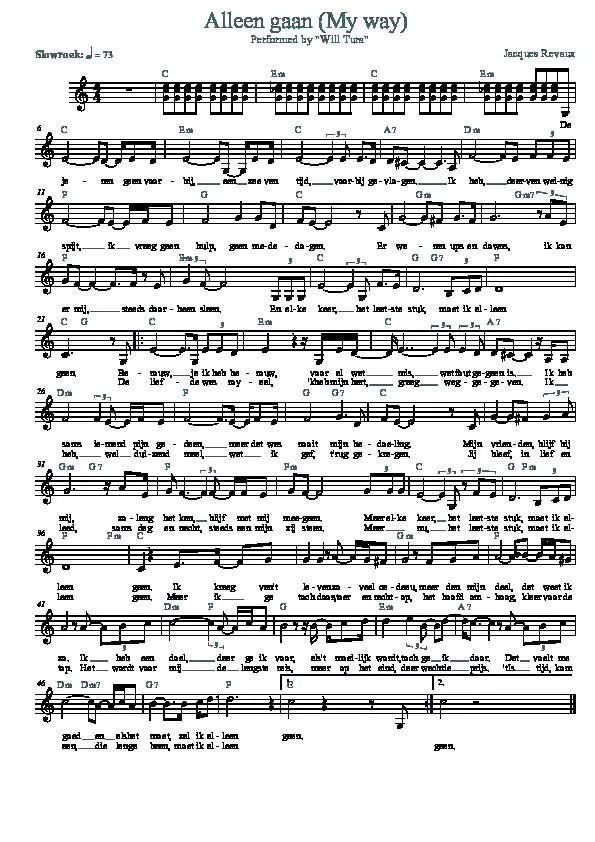 télécharger la partition d'accordéon Alleen gaan (Comme d'habitude) (My way) (Arrangement : Luc Markey) (Chant : Will Tura) (Slow Rock) au format PDF