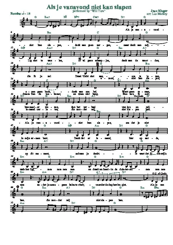 télécharger la partition d'accordéon Als je vanavond niet kan slapen (Arrangement : Luc Markey) (Chant : Will Tura) (Rumba) au format PDF