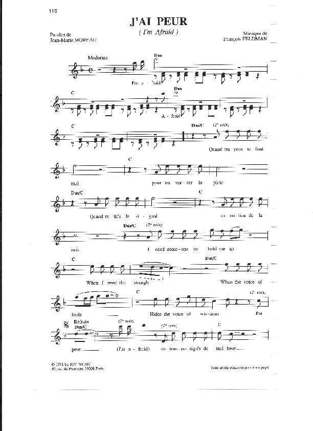 télécharger la partition d'accordéon J'ai peur (I'm afraid) (Chant : François Feldman & Joniece Jamison) (Disco) au format PDF