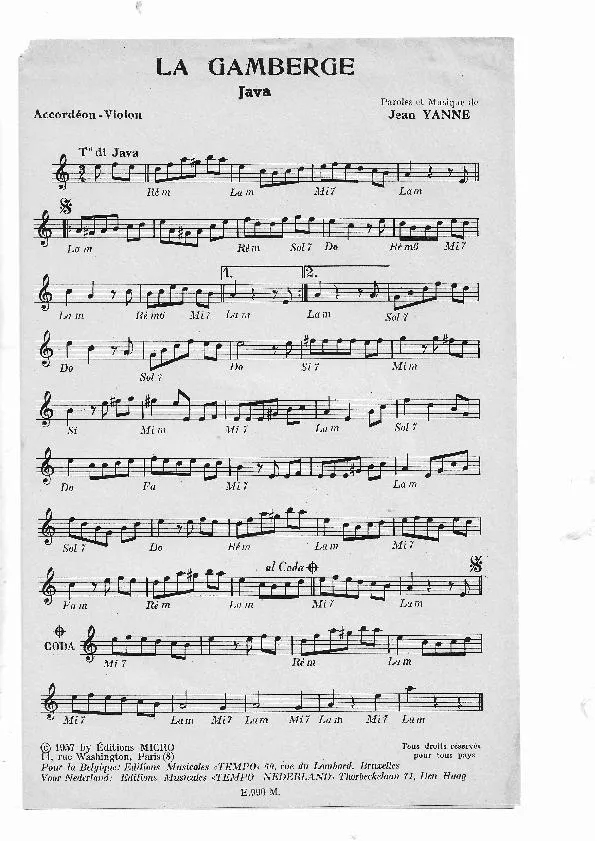télécharger la partition d'accordéon La gamberge (Avec chant version Masculine et Féminine) (Java) au format PDF