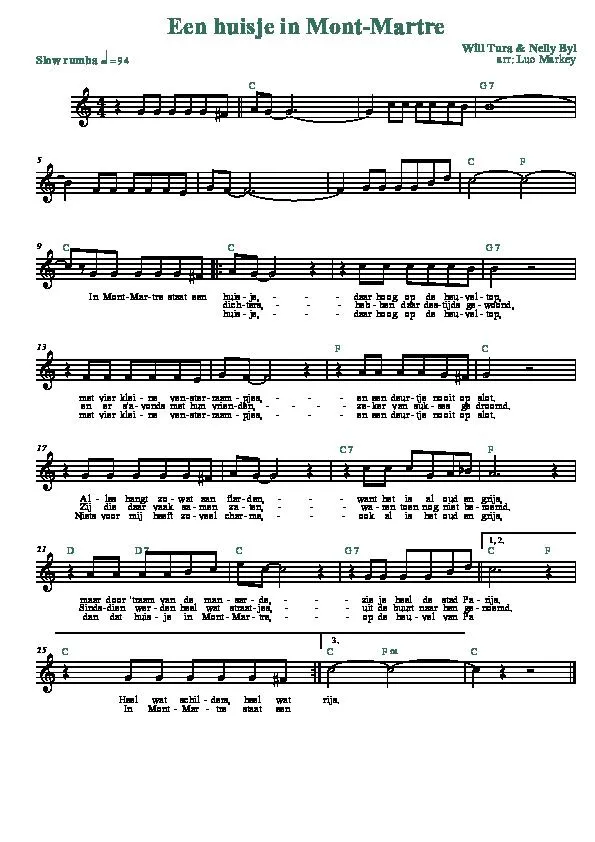 télécharger la partition d'accordéon Een huisje in Mont-Martre (Arrangement : Luc Markey) (Chant : Will Tura) (Slow Rumba) au format PDF