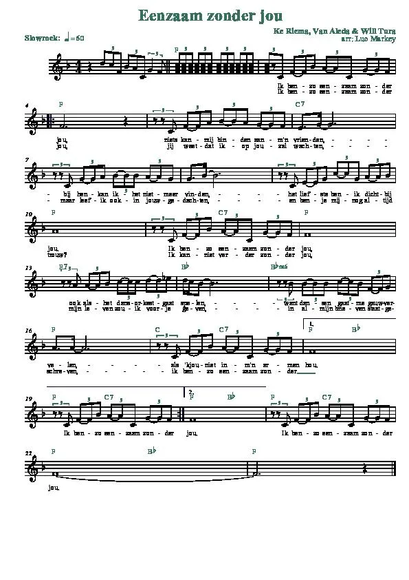 télécharger la partition d'accordéon Eenzaam zonder jou (Arrangement : Luc Markey) (Chant : Will Tura) (Slow Rock) au format PDF