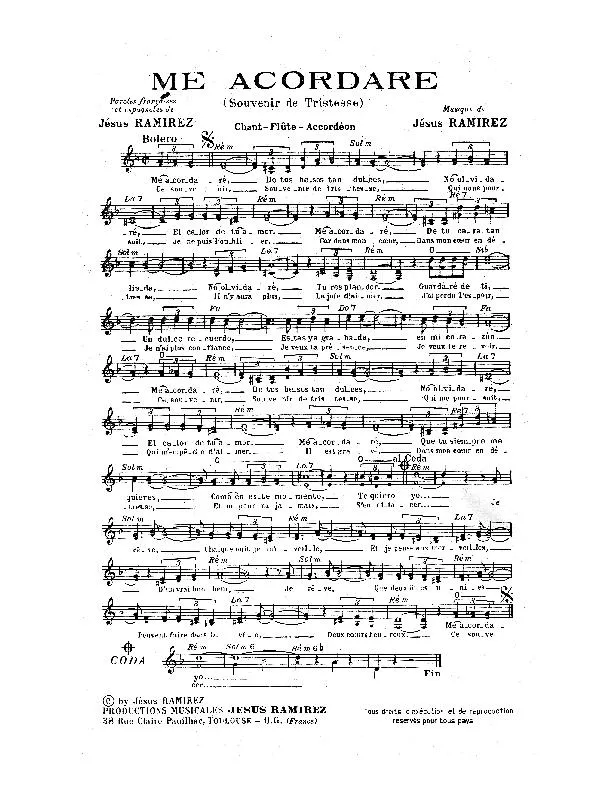 télécharger la partition d'accordéon Me Acordare (Souvenir de tristesse) (Boléro) au format PDF