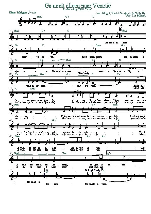 télécharger la partition d'accordéon Ga nooit alleen naar Venetië (Venise) (Arrangement : Luc Markey) (Chant : Will Tura) (Disco Schlager) au format PDF