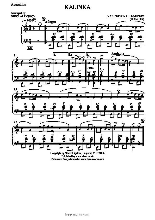 télécharger la partition d'accordéon Kalinka (Arrangement : Nikolai Ryskov) (Folk) au format PDF