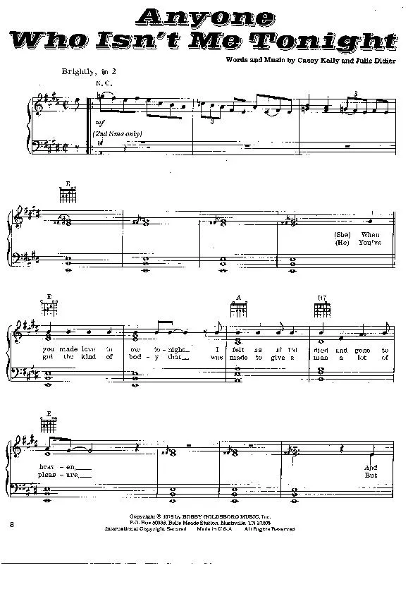 télécharger la partition d'accordéon Anyone who isn't me tonight (Chant : Kenny Rogers) au format PDF