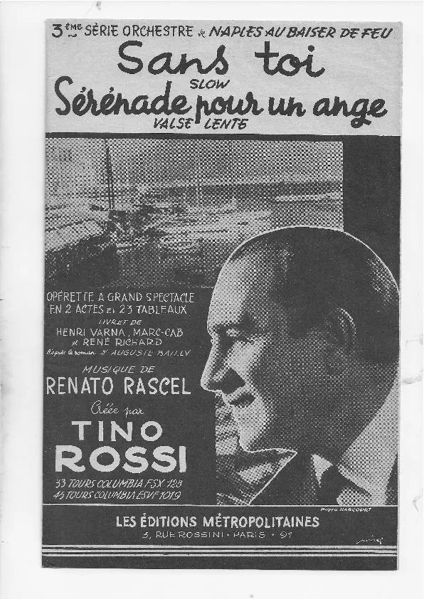 télécharger la partition d'accordéon Sérénade pour un ange (Créée par : Tino Rossi) (De l'Opérette : Naples au baiser de feu) (Orchestration Complète) (Valse Lente) au format PDF