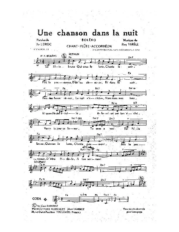 télécharger la partition d'accordéon Une chanson dans la nuit (Boléro) au format PDF
