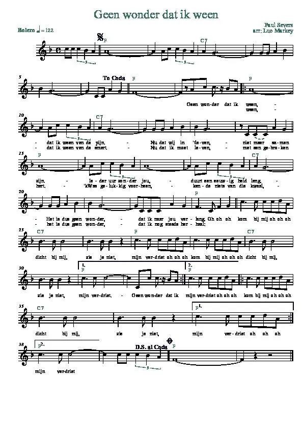 télécharger la partition d'accordéon Geen wonder dat ik ween (Arrangement : Luc Markey) (Chant : Paul Severs) (Boléro) au format PDF