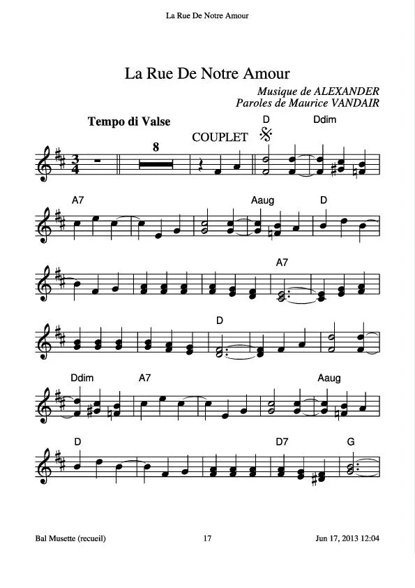 télécharger la partition d'accordéon La rue de notre amour (Valse) au format PDF