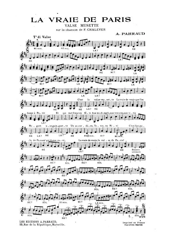 télécharger la partition d'accordéon La vraie de Paris (Sur la chanson de Fortune Chaleyer) ( Valse Musette) au format PDF