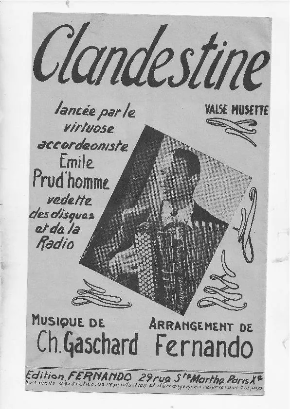 télécharger la partition d'accordéon Clandestine (Arrangement : Fernando) (Lancée par : Emile Prud'Homme) (Valse Musette) au format PDF