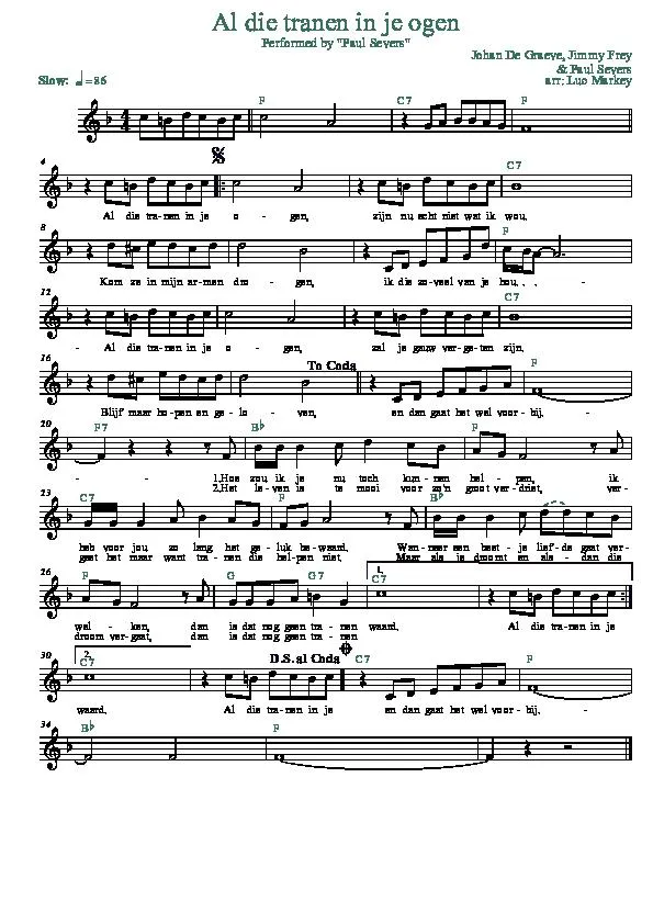 télécharger la partition d'accordéon Al die tranen in je ogen (Arrangement : Luc Markey) (Chant : Paul Severs) (Slow) au format PDF