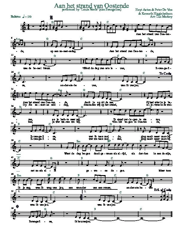 télécharger la partition d'accordéon Aan het strand van Oostende (Evangelina) (Arrangement : Luc Markey) (Chant : Louis Neefs) (Boléro) au format PDF