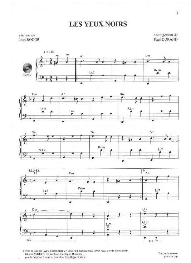 télécharger la partition d'accordéon Les yeux noirs (Arrangement : Paul Durand & Jean Rodor) (Valse) au format PDF