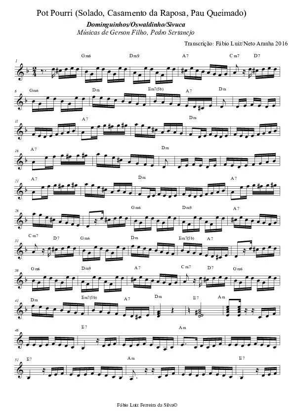 télécharger la partition d'accordéon Pot Pourri (Solado + Casamento de Raposa + Pau Queimado ) (Interprètes : Dominguinhos / Oswaldinho / Sivuca) (Transcription : Fabio Luiz / Neto Aranha) au format PDF