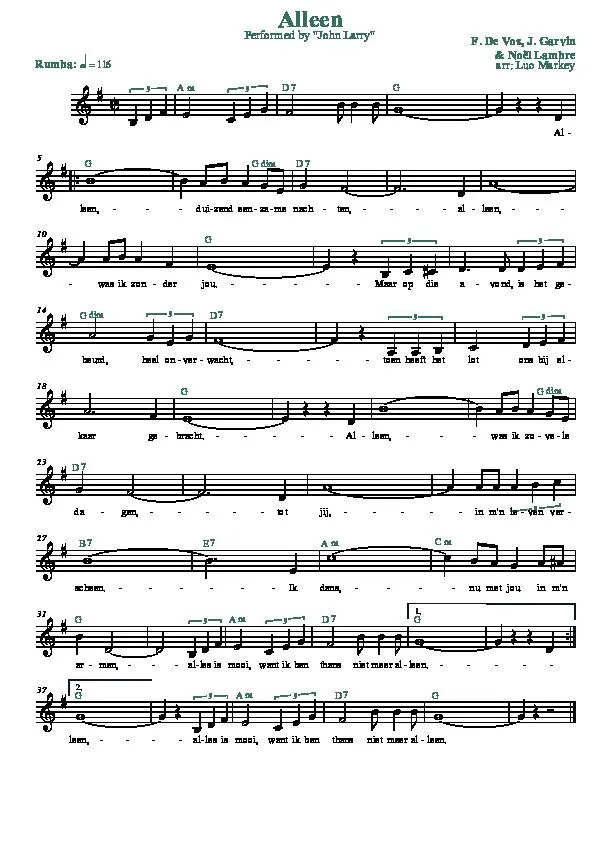 télécharger la partition d'accordéon Alleen (Arrangement : Luc Markey) (Chant : John Larry) (Rumba) au format PDF