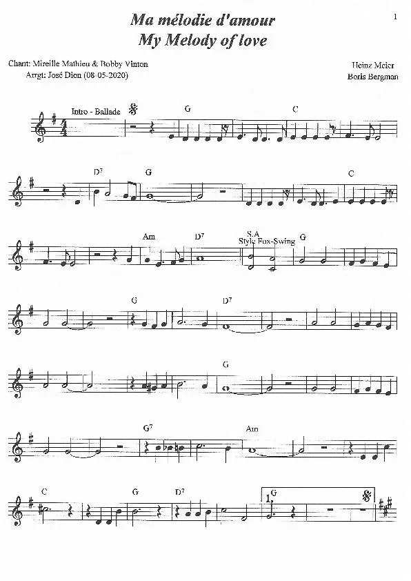 télécharger la partition d'accordéon Ma mélodie d'amour (My Melody of Love) (Chant: Mireille Mathieu & Bobby Vinton) (Arrangement : José Dion) (Ballade-Fox Swing) au format PDF