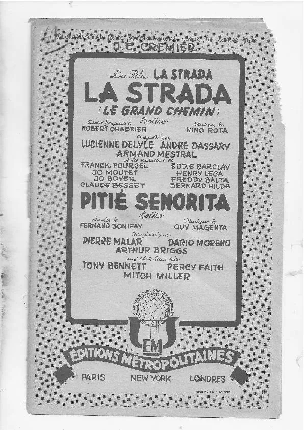 télécharger la partition d'accordéon La Strada (Le grand chemin) (Du Film : La Strada) (Orchestration Complète) (Boléro) (30.66 mb) au format PDF