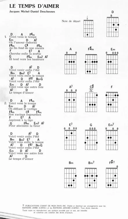 télécharger la partition d'accordéon Le temps d'aimer (Guitare Piano Voix) au format PDF