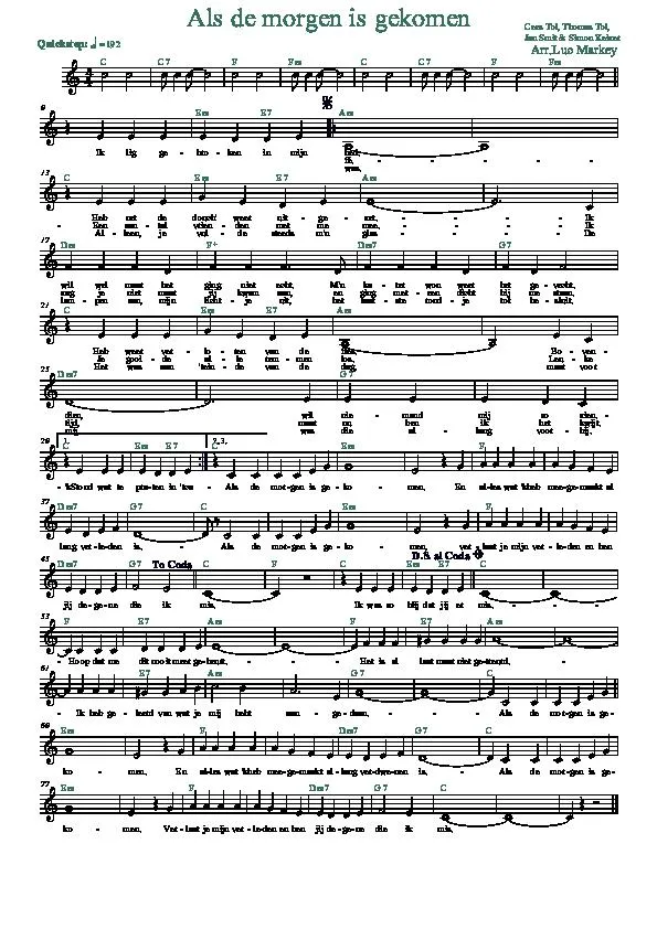 télécharger la partition d'accordéon Als de morgen is gekomen (Chant : Jan Smit) (Arrangement : Luc Markey) (Quickstep) au format PDF