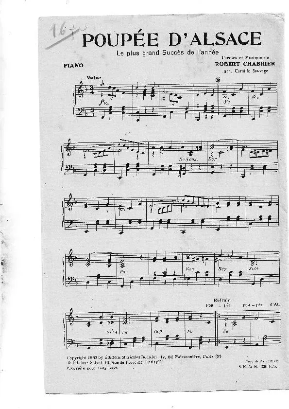 télécharger la partition d'accordéon Poupée d'Alsace (Arrangement : Camille Sauvage) (Orchestration + Chant) (Valse) au format PDF