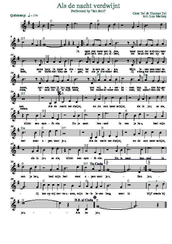télécharger la partition d'accordéon Als de nacht verdwijnt (Arrangement : Luc Markey) (Chant : Jan Smit) (Quickstep) au format PDF
