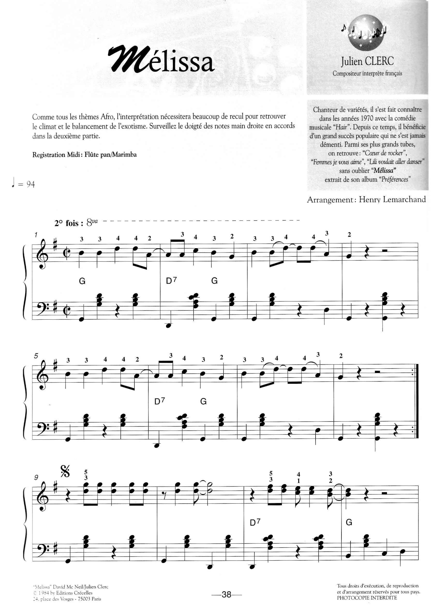 télécharger la partition d'accordéon Mélissa (Arrangement : Henry Lemarchand) (Bossa) au format PDF