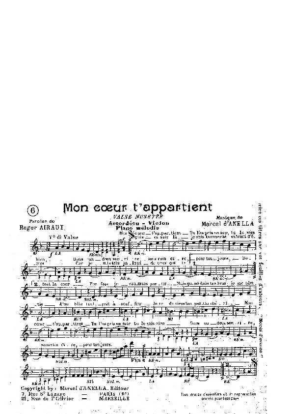 télécharger la partition d'accordéon Mon coeur t'appartient (Valse) au format PDF