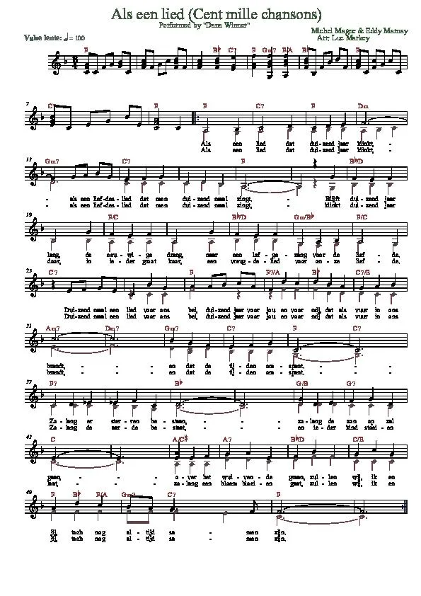 télécharger la partition d'accordéon Als een lied (Cent mille chansons) (Arrangement : Luc Markey) (Chant : Dana Winner) (Valse Lente) au format PDF